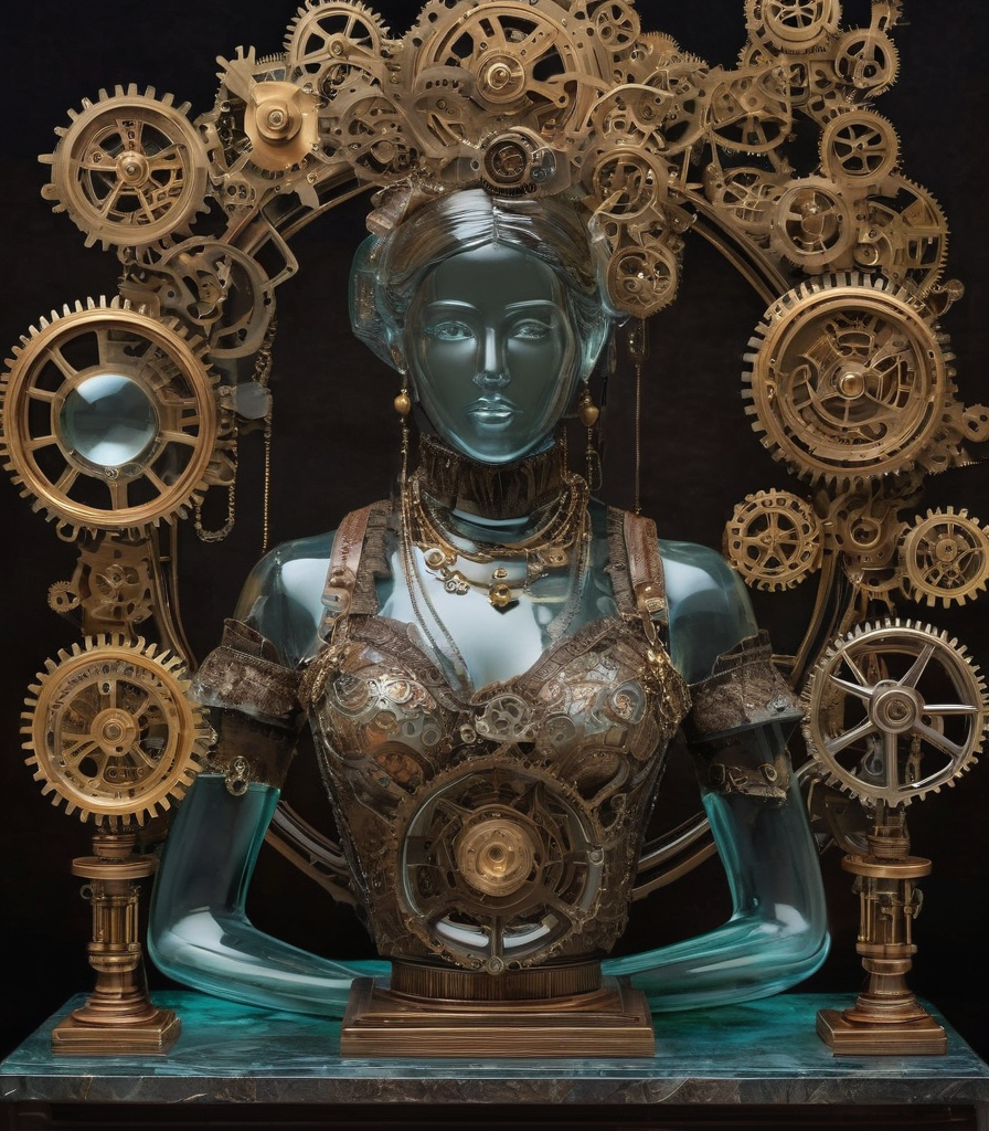 A portrait of glasssculpture, woman with a steampunk aesthetic, surrounded by gears, machinery, and other Victorian-era in...